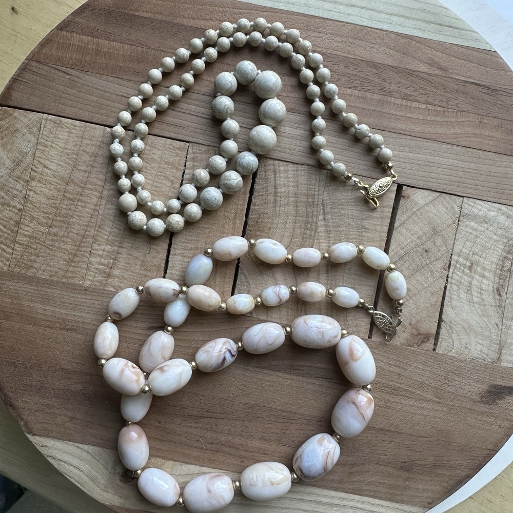 Vintage Graduated Bead Necklaces 24 Inch Gray Stone Marbled  Faux Stone Lot Of 2
